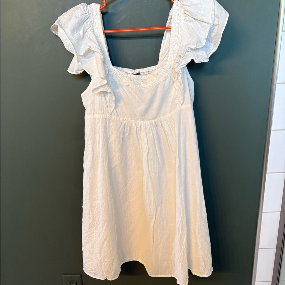 White Linen Ruffled Sleeve Dress